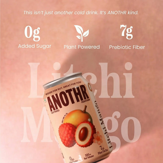 Can of 'ANOTHR' plant-powered drink with nutritional information on a pink background, that says 0gm added sugar, plant powered and 7gm prebiotic fiber
This isn't another cold drink, it's ANOTHR kind.