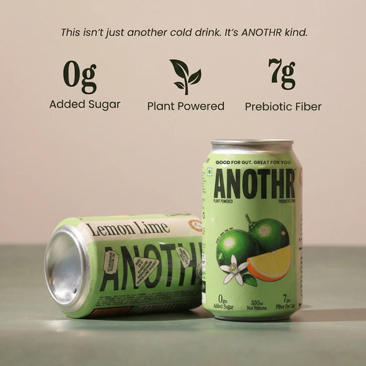 Nutritional Features of ANOTHR Prebiotic Cold drink that have 0g added sgar, made with plants and 7g digestive fiber.