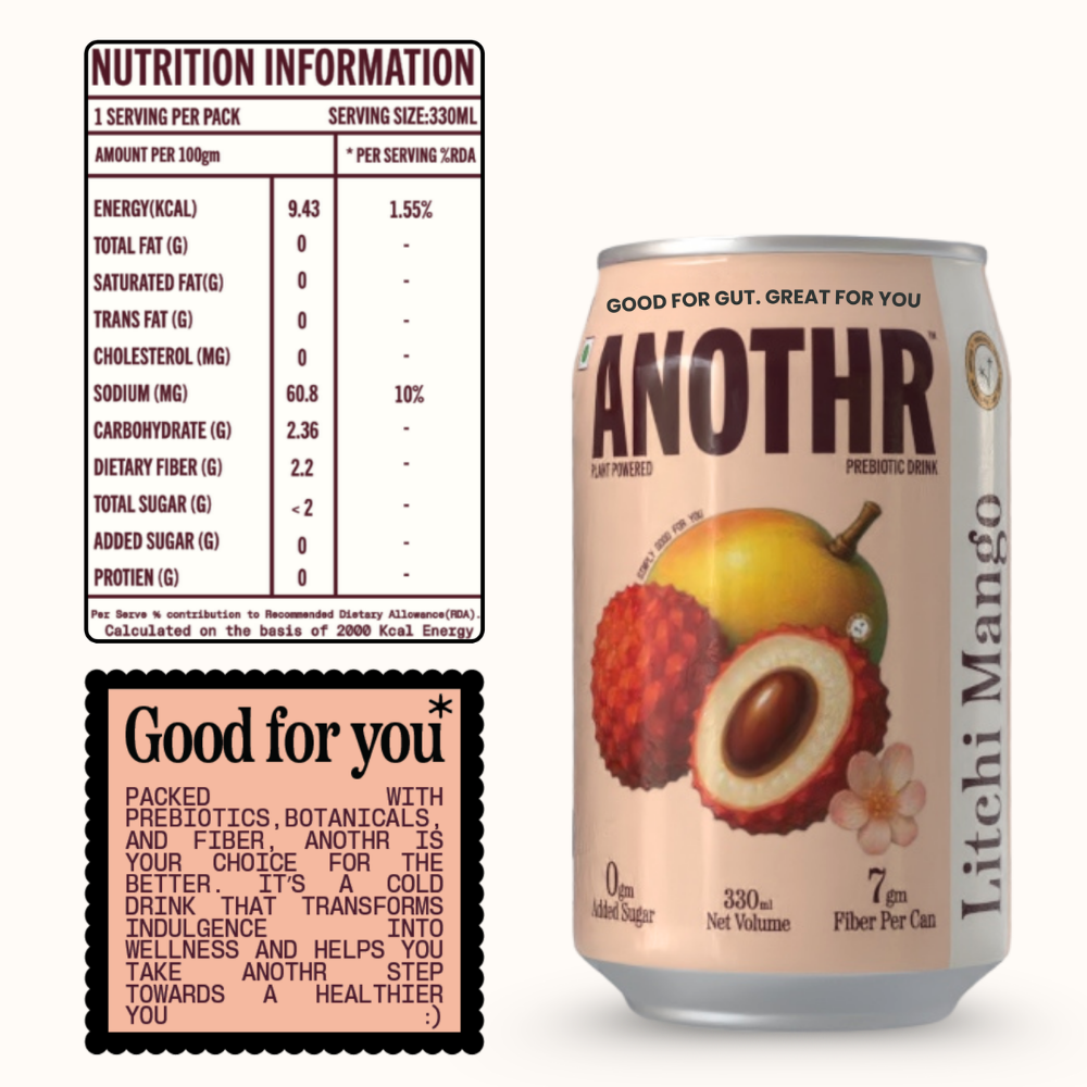 Canned drink labeled 'Another Litchi Mango' with nutrition information that no sugar drink, and low on calories drink