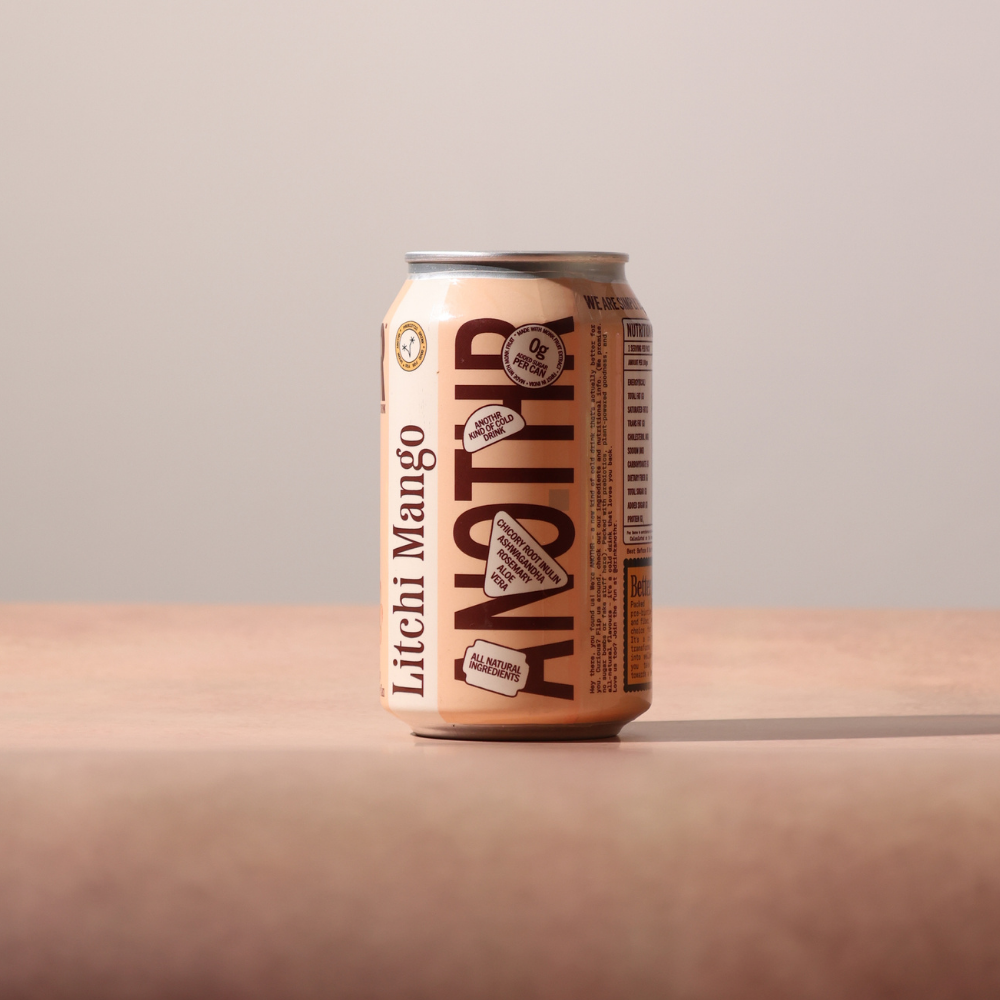 ANOTHR Litchi Mango prebiotic soda can with 7g fiber and zero added sugar.