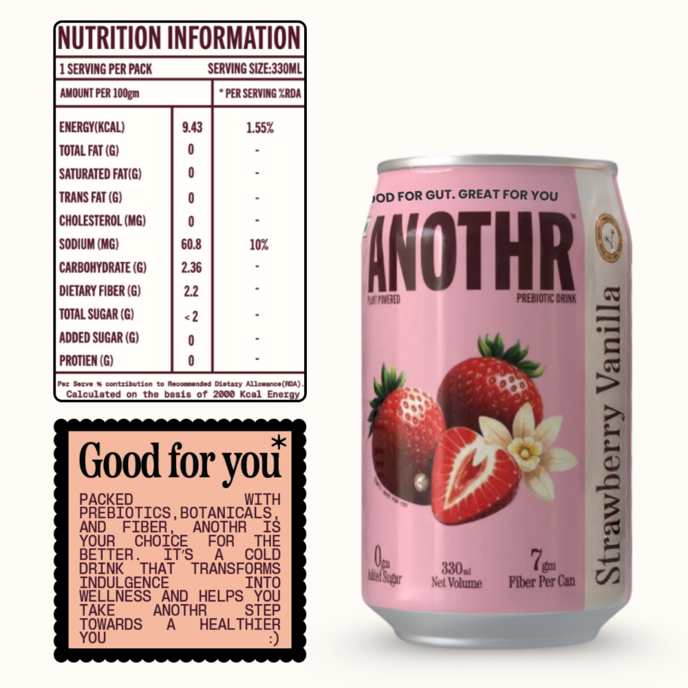 ANOTHR Strawberry Vanilla prebiotic cold drink can shown with nutrition information highlighting zero added sugar and dietary fiber.